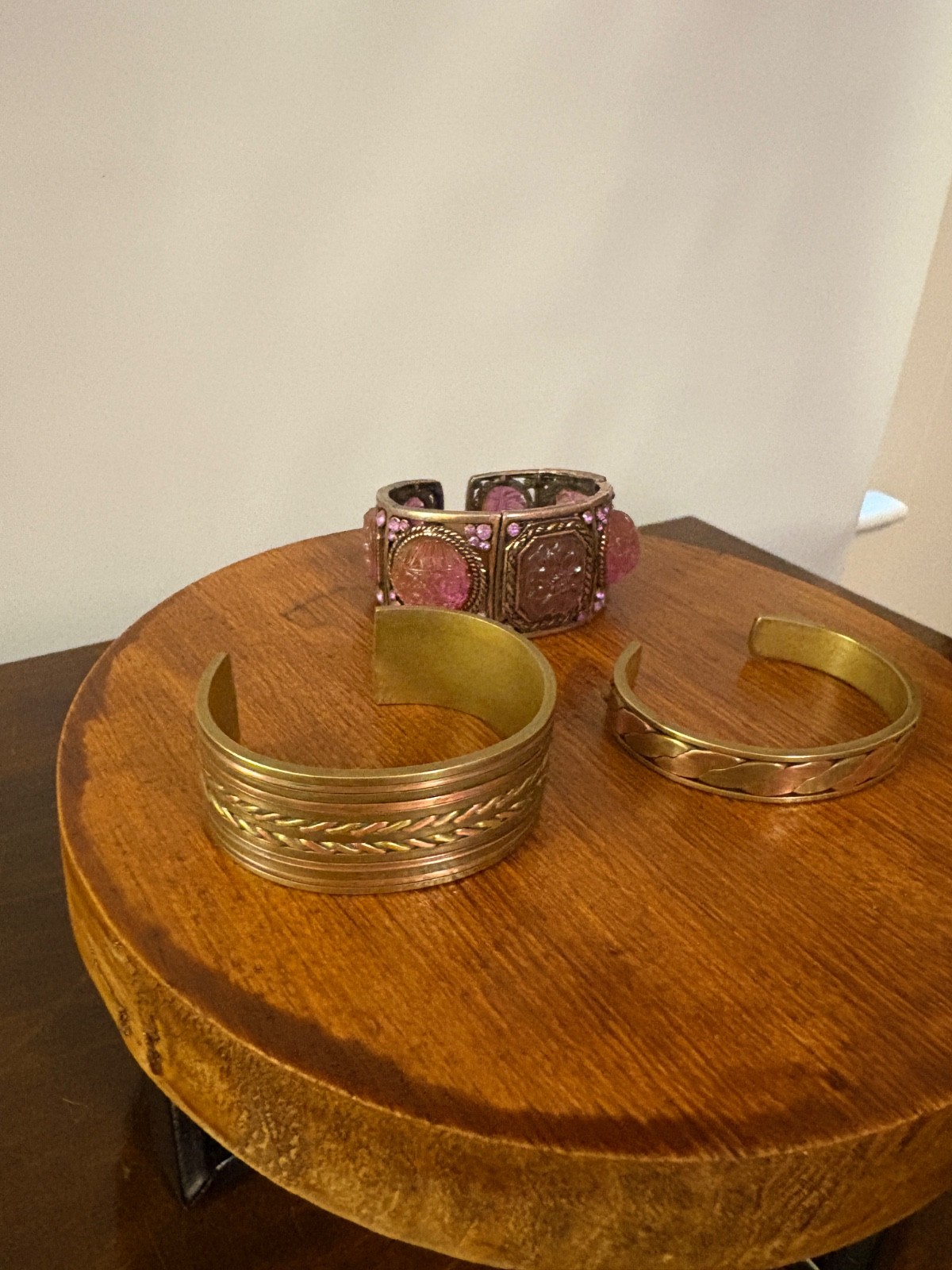 3 Vintage Chunky Slip on Bangle Bracelets Brass Pink Copper Mix