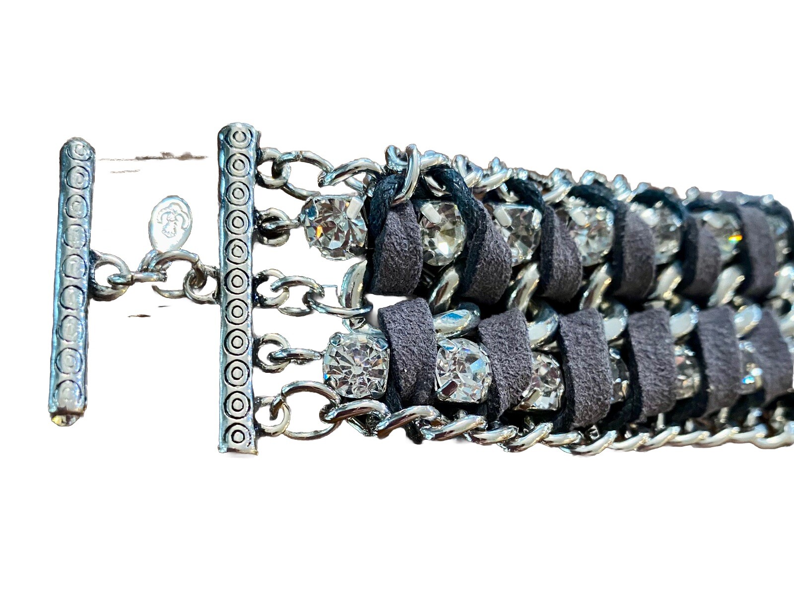 NEW Premier Designs Gray Leather Bracelet, Silver Tone Chains, Rhinestones