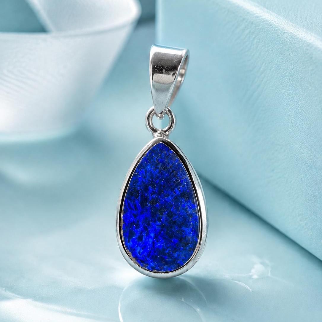 Blue Australian Doublet Opal Sterling Silver Pendant, Handmade Women’s Pendant
