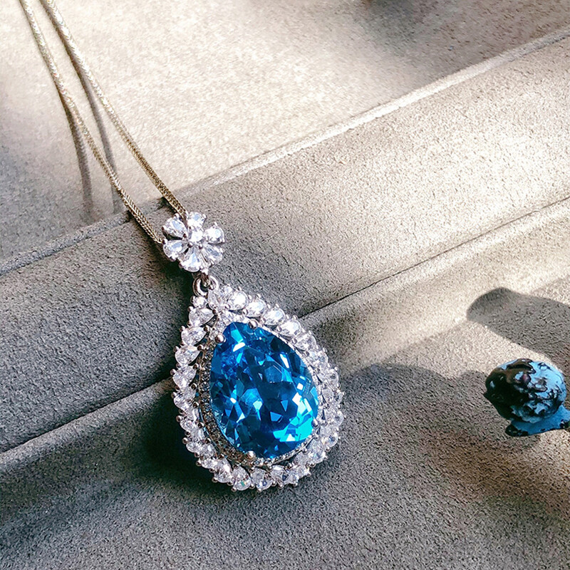 New Water Drop Blue Topaz Gemstone Charm Women Jewelry Silver Necklace Pendants