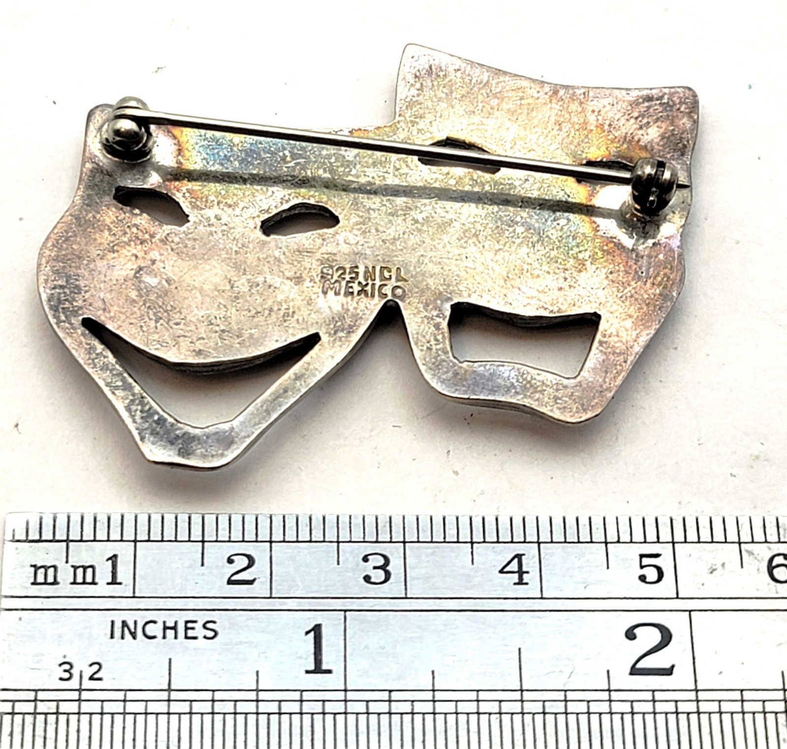 Stamped NCL MEXICO 925 Sterling Silver COMEDY TRAGEDY MASK Shape Brooch 15.7g