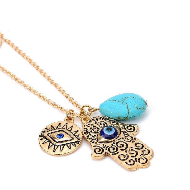 ZARD Evil Eye Hamsa Hand Turquoise Gem Charm Pendant Layered Necklace