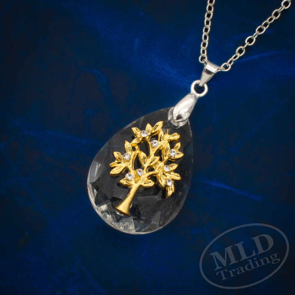 Crystal Tree of Life Pendant Necklace – 18″ Oval Link Chain, Gold Zinc Alloy