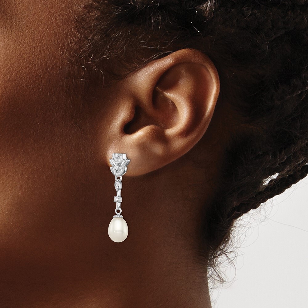 36mm 925 Silver Clear CZ & 8-9mm White Freshwater Cultured Pearl Dangle Earrings