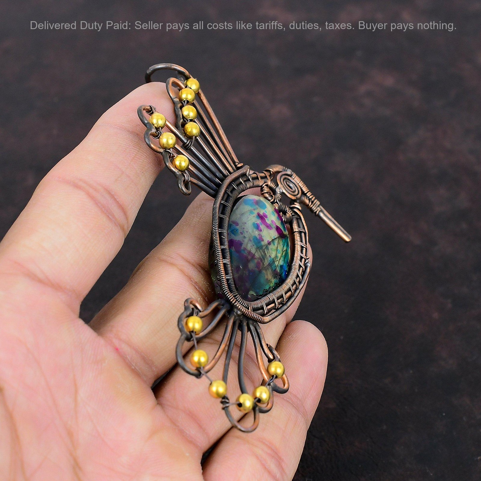 Copper Multi Fire Labradorite Gemstone Wire Wrapped Bird Daughter Ethnic Pendant