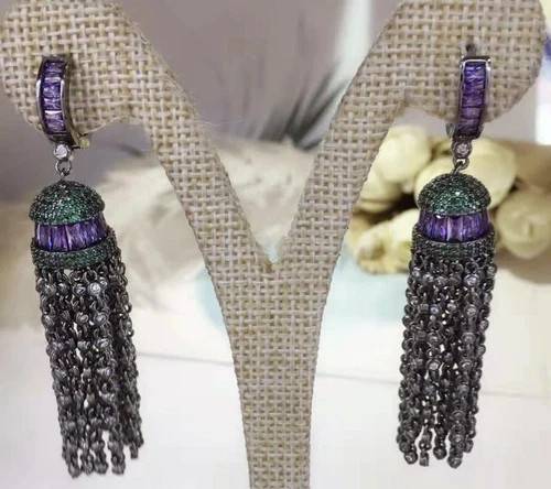 18k Black Rhodium Filled Purple Amethyst Gemstone Long Tassel Earrings Gorgeous