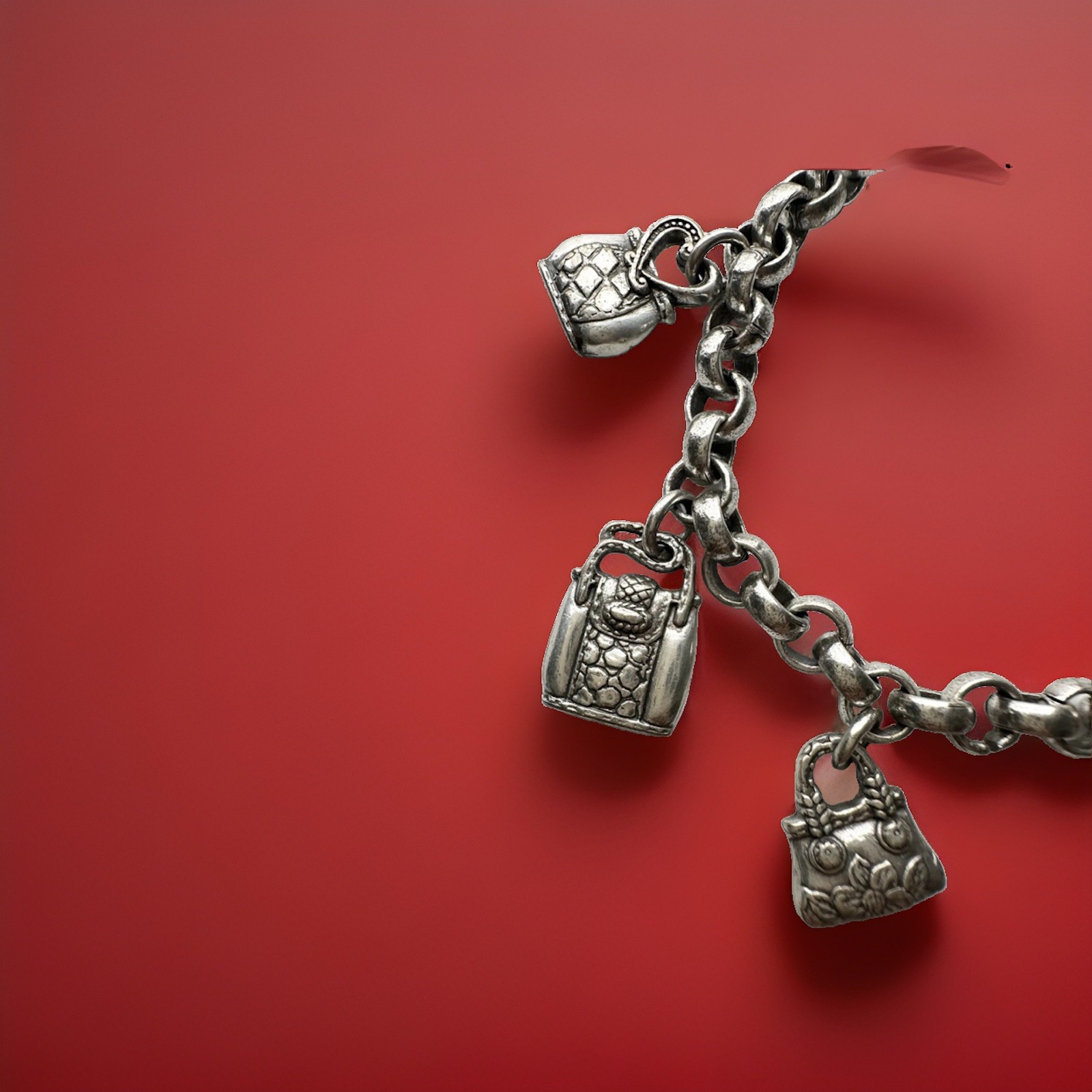 Brighton Silver Chain Charm Bracelet Purse/Handbag & Heart Dangle Charms