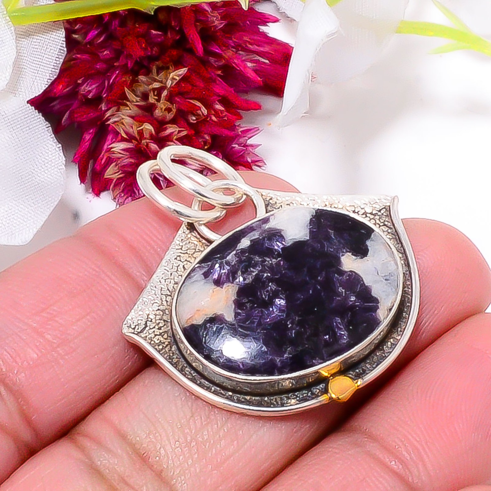 Lepidolite – San Diego 925 Sterling Silver Two Tone Designer Pendant 1.37″ Sku56