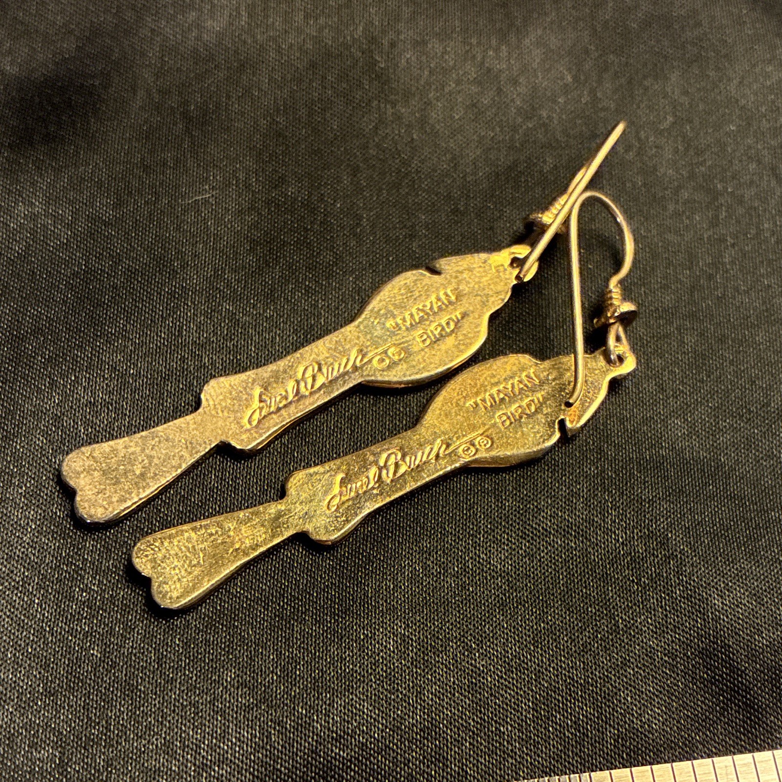 Laurel Burch Mayan Bird Enamel Hook Dangle Drop Earrings Gold Red Signed