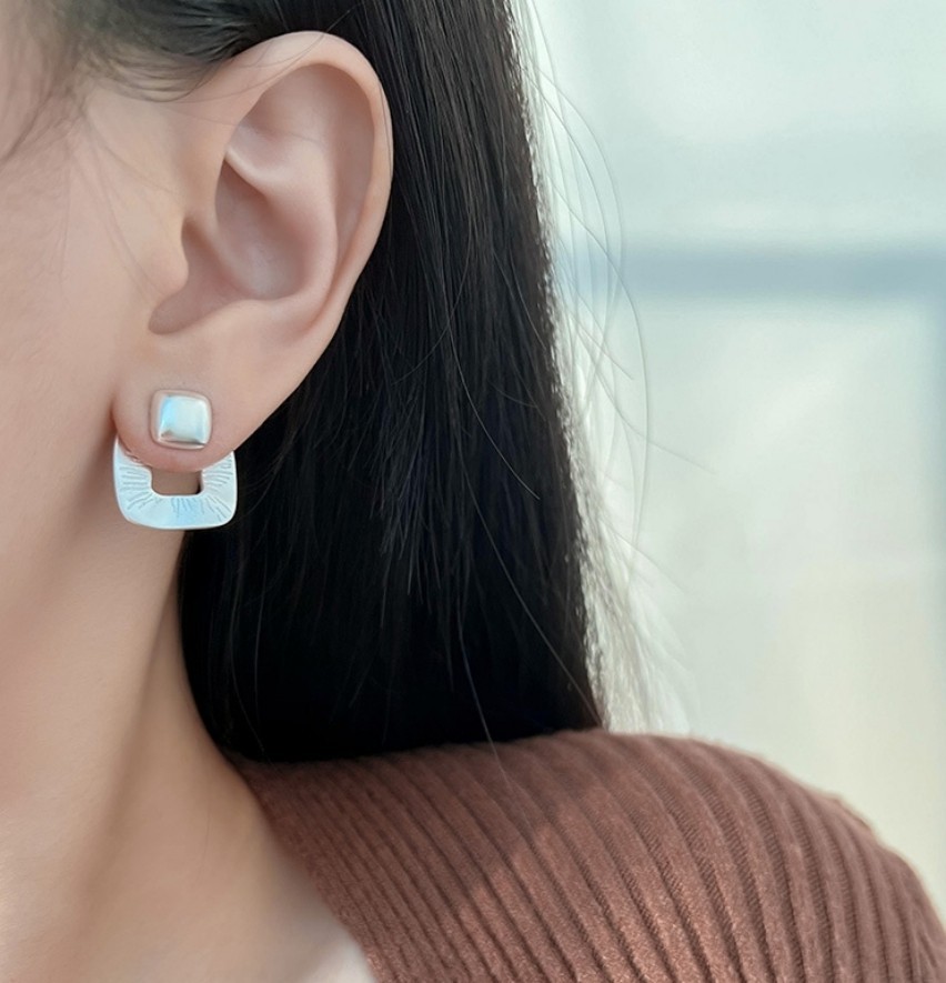 Minimalist Matte Silver Plated Brushed Textured Hollow Square Daily Stud Earring