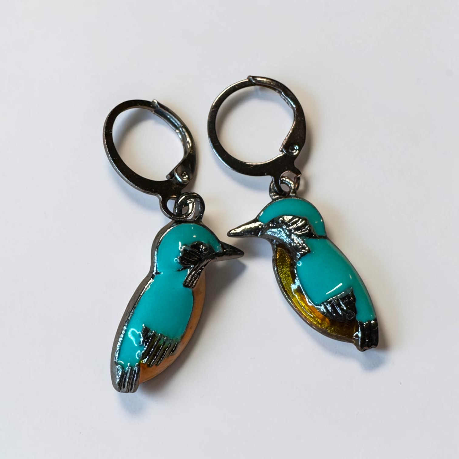 Kingfisher Bird Hoop Earrings Turquoise Enamel Silver Tone Cute Nature Wildlife
