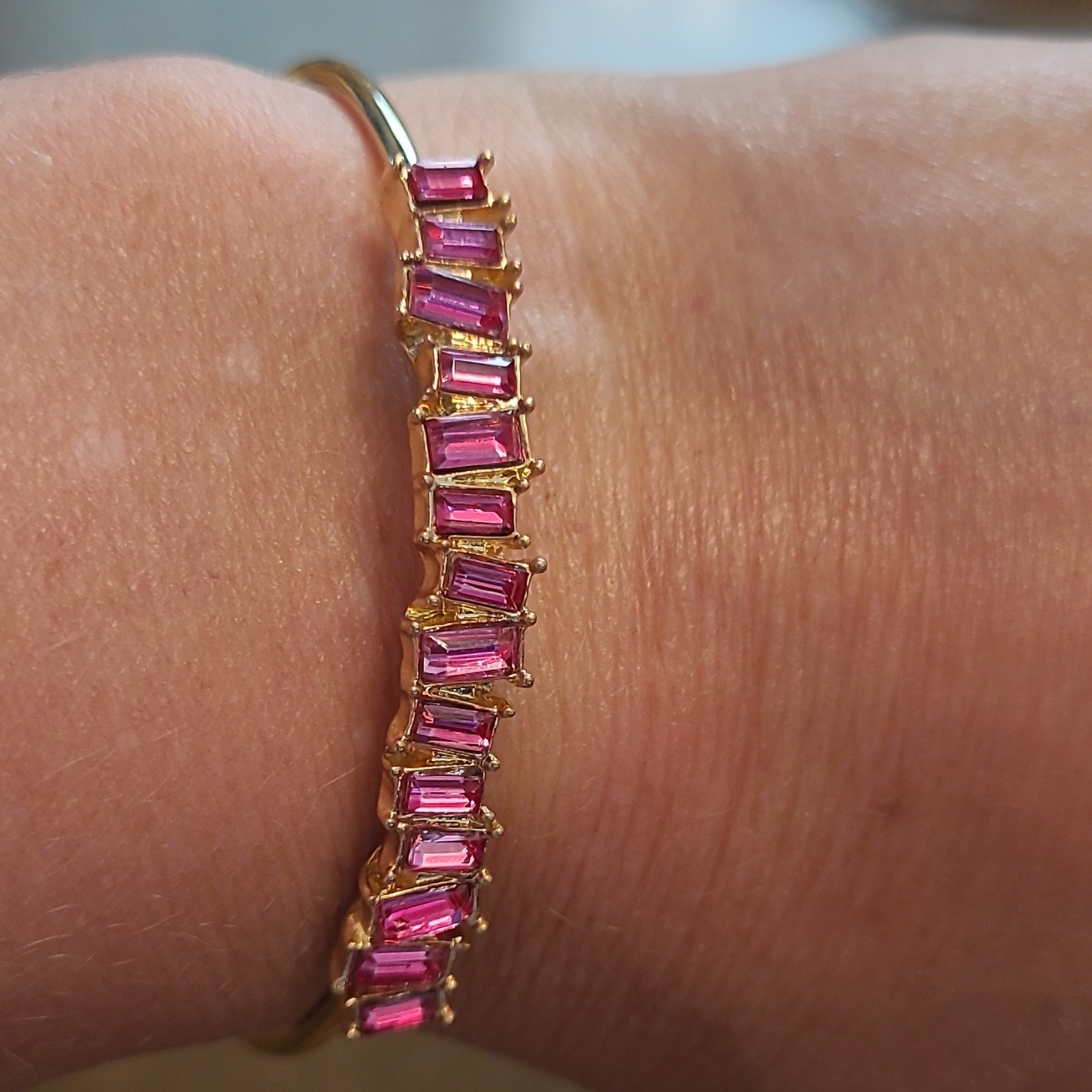 Gold Tone Pink Baguette Crystal Necklace & Bracelet Set Adjustable Signed
