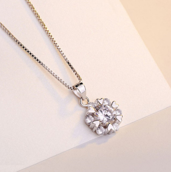 Flower Snowflake Pave Cubic Zirconia 925 Silver Pendant Necklace 18″ Chain C7