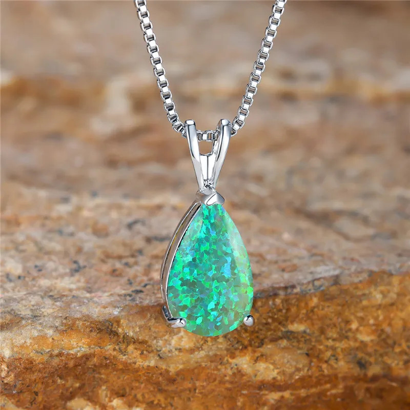 Boho Female Small Blue Green Opal Water Drop Pendant Necklace Silver Color Weddi