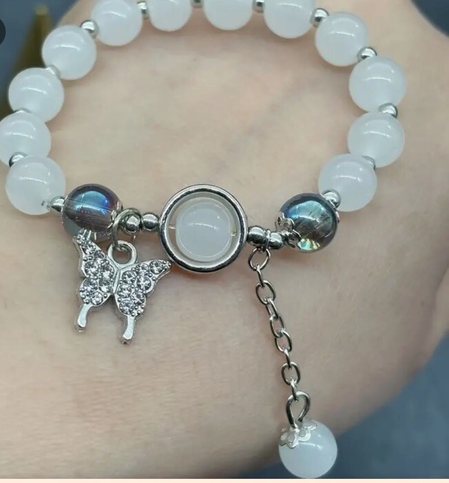 Butterfly White Glass Beaded Silver Charm Bangle Bracelet Elastic Hand String