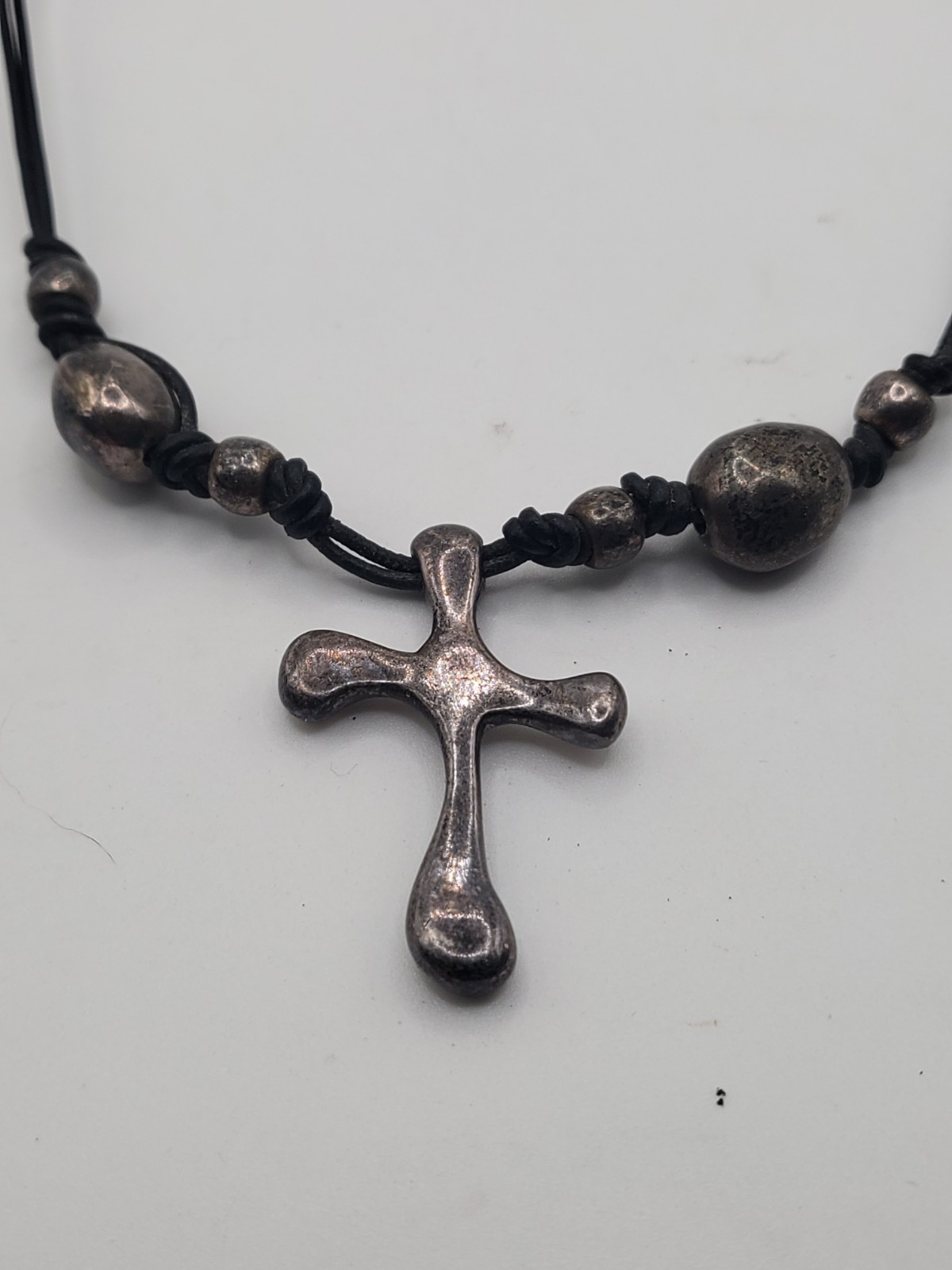 BARSE Sterling Silver Cross Necklace 925 Marked Pendant & Clasp Leather Cord 18″