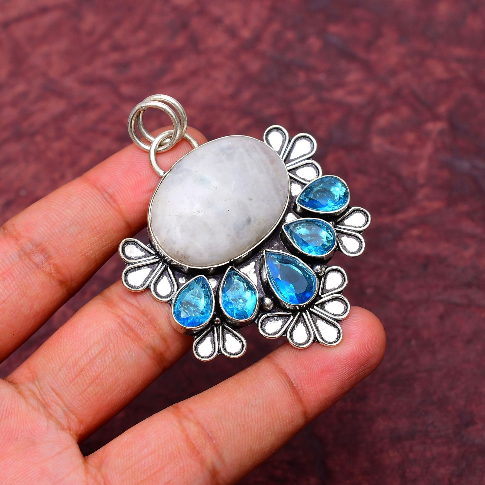 Moonstone (Lab-Created)Gemstone 925 Sterling Silver Pendant Approx – 2.16″