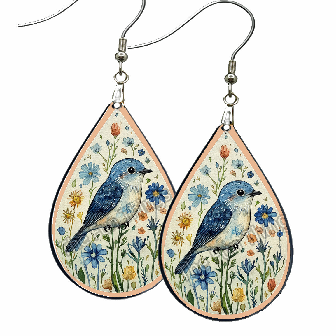 Blue Bird Folk Art Earrings Teardrop NO TARNISHING Wood Bird Lover Watcher Gift