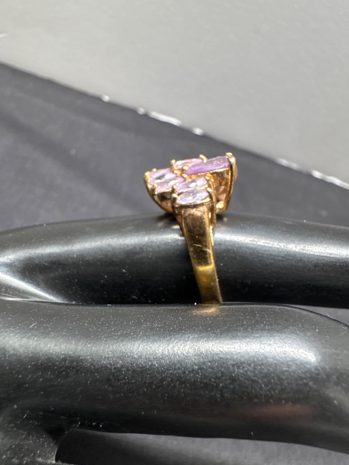 Gold Tone Cocktail Ring With Pink & Purple Gemstones In Marquise Cut Design