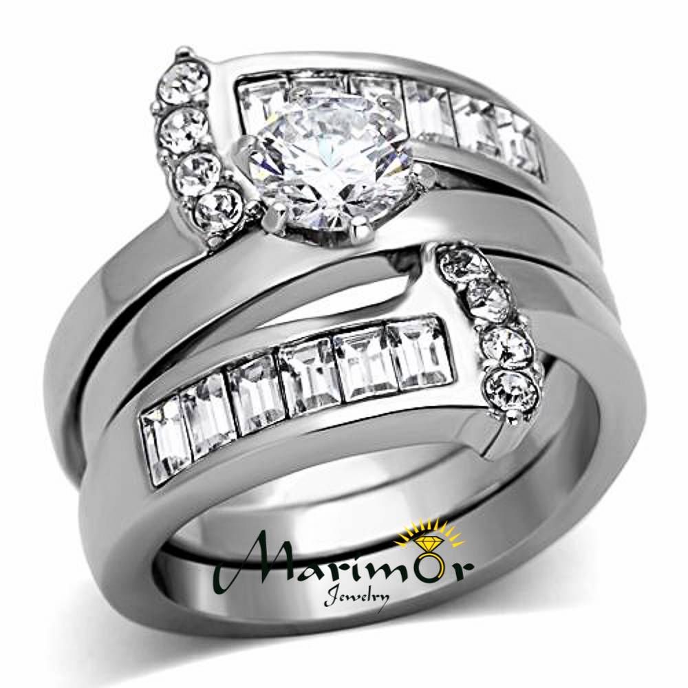 Women’s Round Cut Silver Stainless Steel AAA CZ Wedding Ring Band Set Size 5-10
