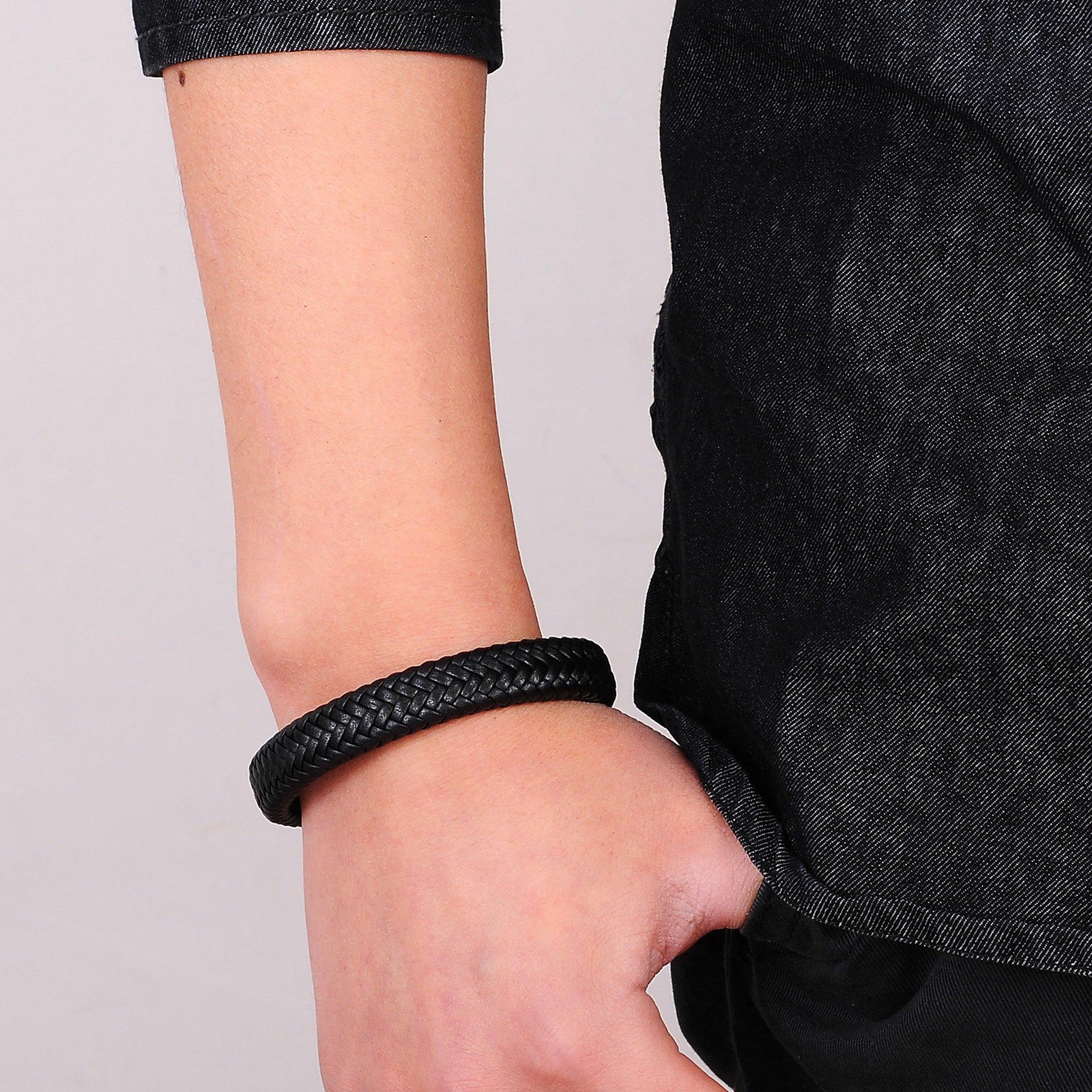 Unisex Women Men Braided Leather Steel Magnetic Clasp Bracelet Handmade