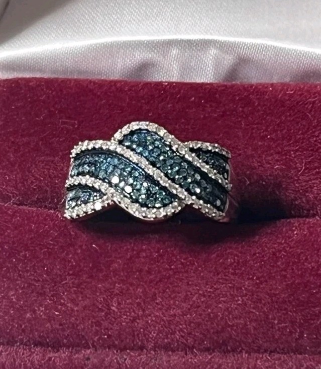 Silver Tone Blue & Clear Crystal Pavé Wave Band Ring, Size 7