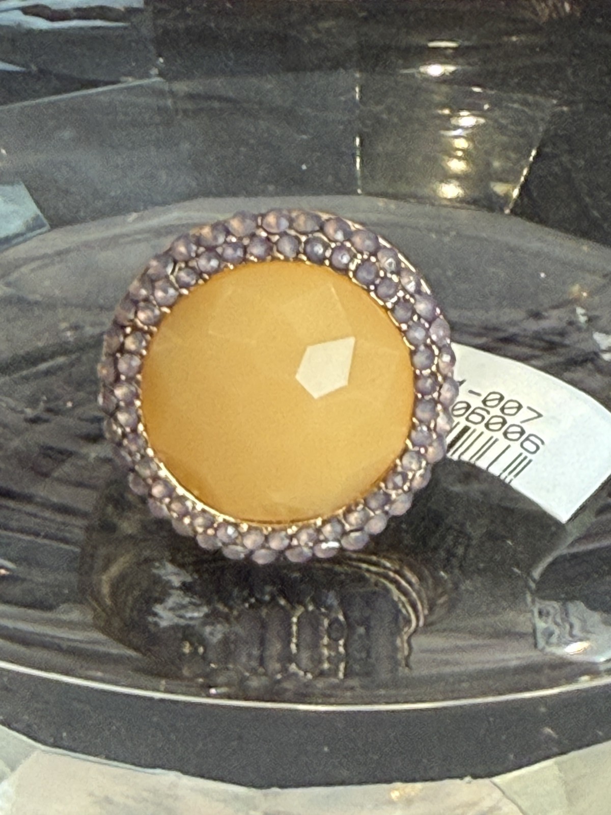 Gold Tone Cocktail Ring Amber Stone Lavender Rhinestone Halo Statement Ring