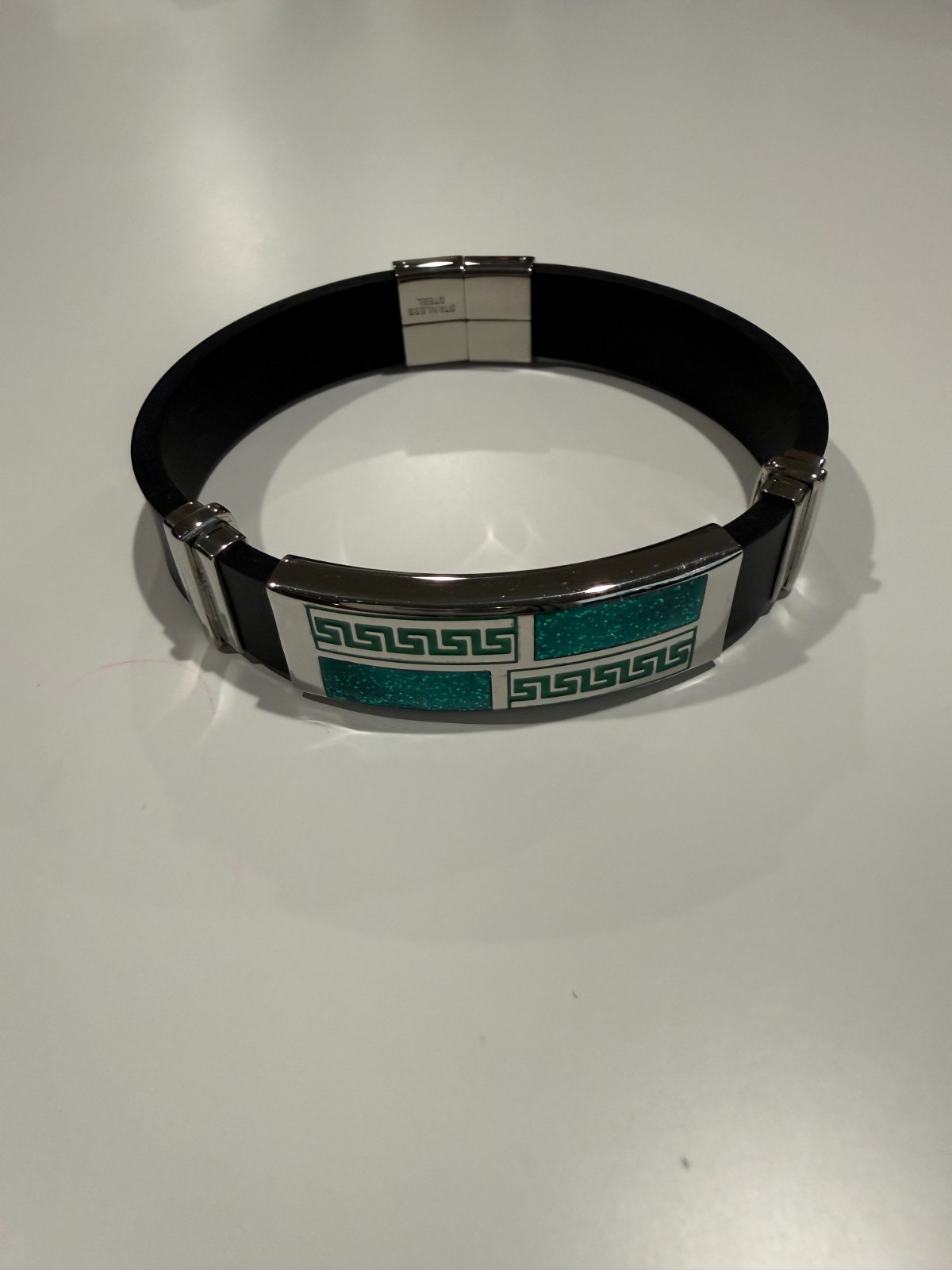 New! 8 inch Black and Green Silicone/Stainless Steel Bracelet/Wristband
