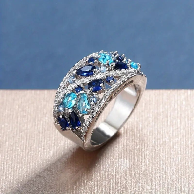 Elegant 925 Sterling Silver Blue White Topaz Wedding Engagement Ring Size 8