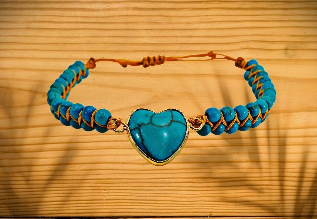 Turquoise stone heart bracelet with all round stones brown cord adjustable New