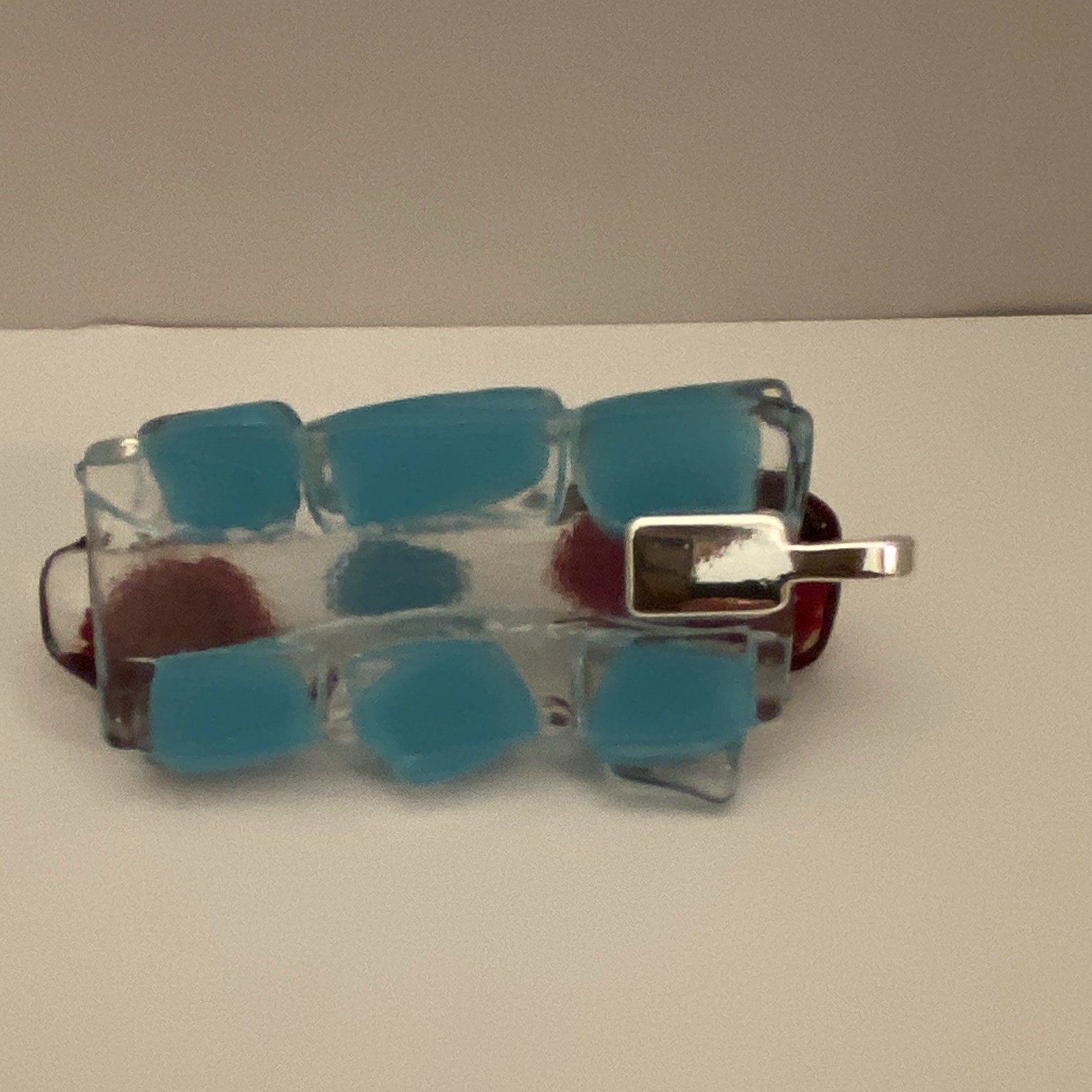 Silver Tone Bail Rectangle Glass Charm Pendant Blue Clear Red White Accents.