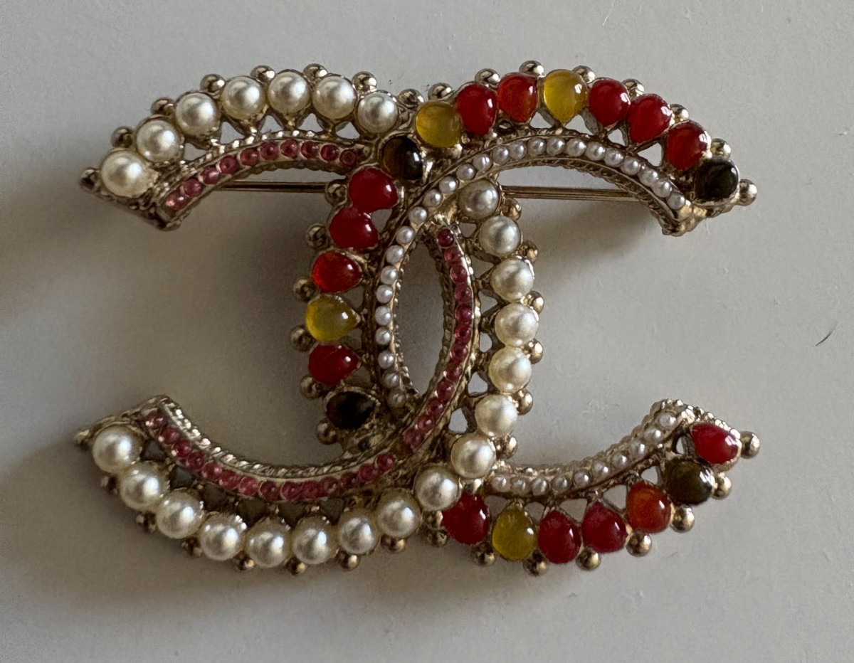 Chanel Faux Pearl Crystal Colorful Stone Brooch 1.5 x 2 inches