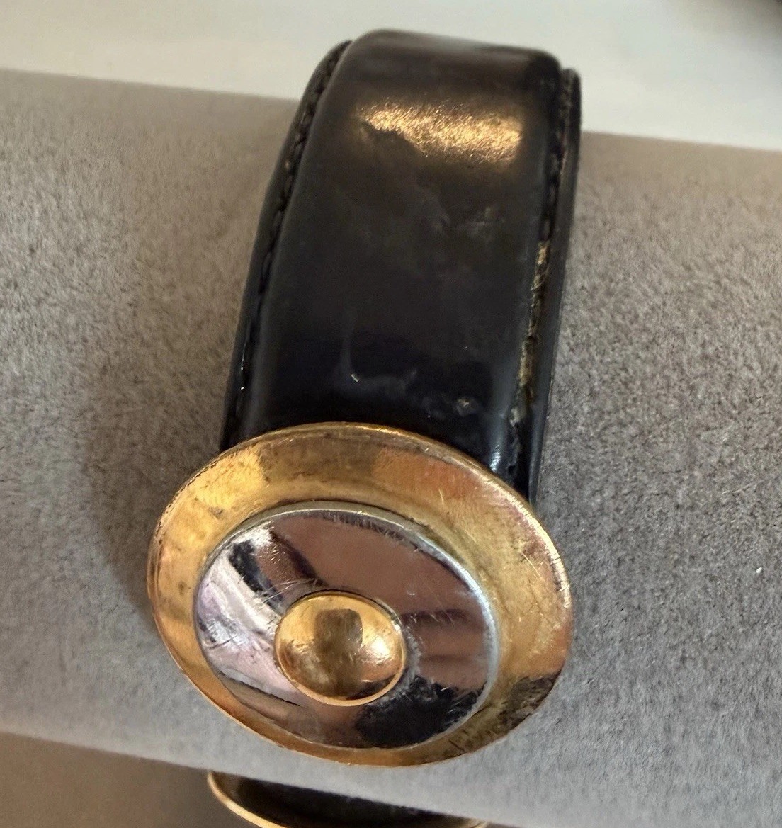 Hermes Black Leather Cuff Bracelet Made in France Signed Gold/Silver Hardware