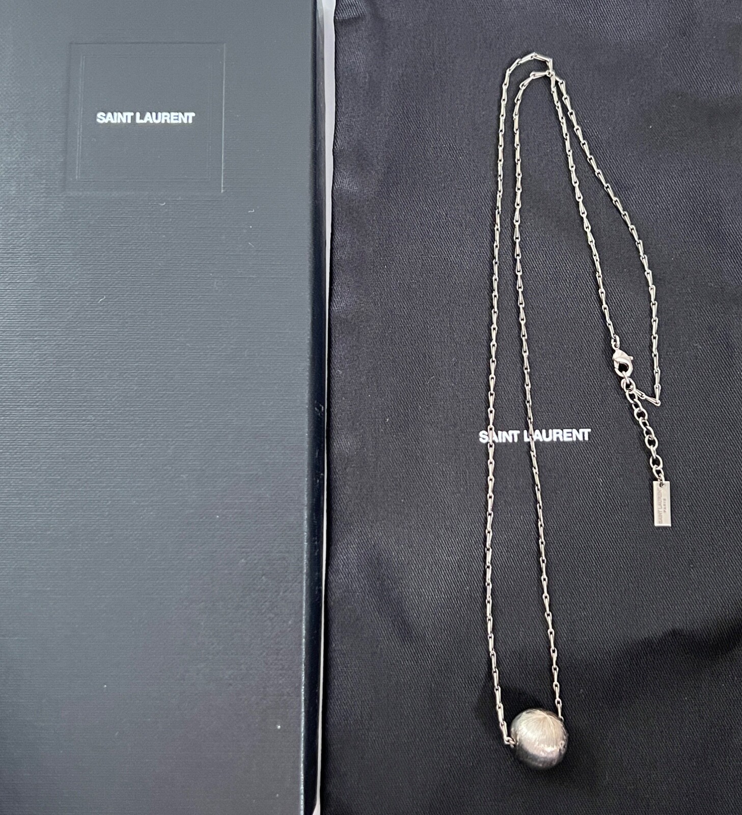 NIB Saint Laurent YSL Spherical Ball Pendant Silver Brass Chain Necklace $695