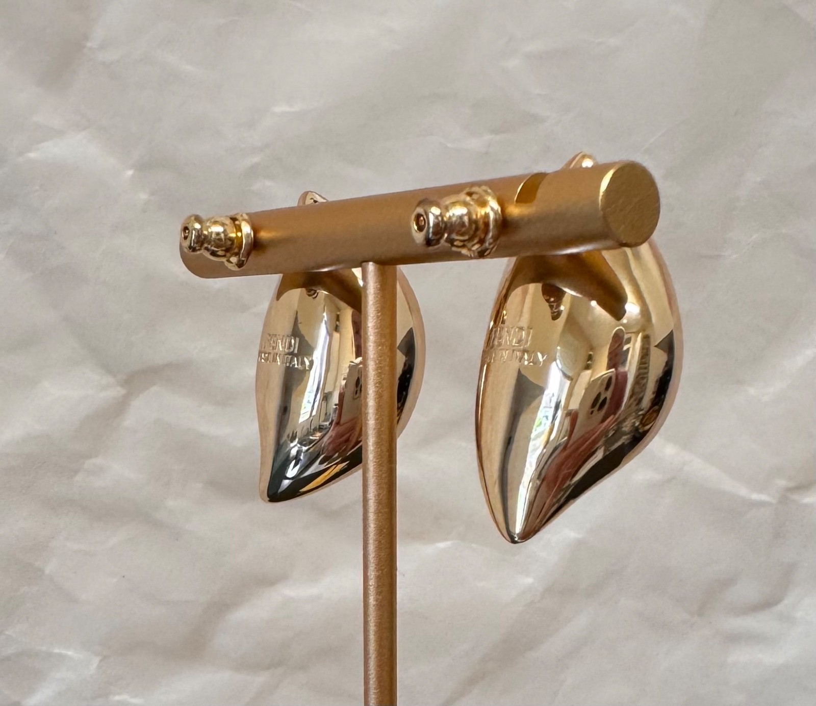 Fendi Gold Tone Sculptural Clip-On Earrings # 553