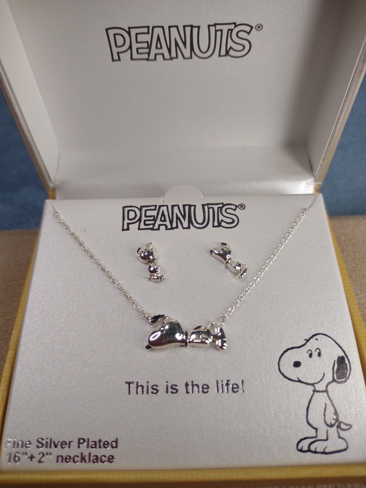 New Peanuts Snoopy Jewelry Set Necklace Earrings Silver Plated NIB This Is Life