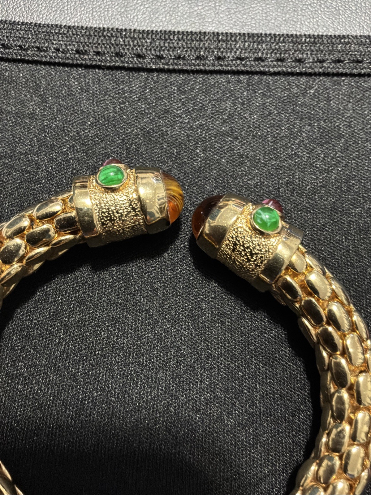 Vintage Runway Gold Tone Red Blue Green Glass Snake Skin Open Cuff Bracelet