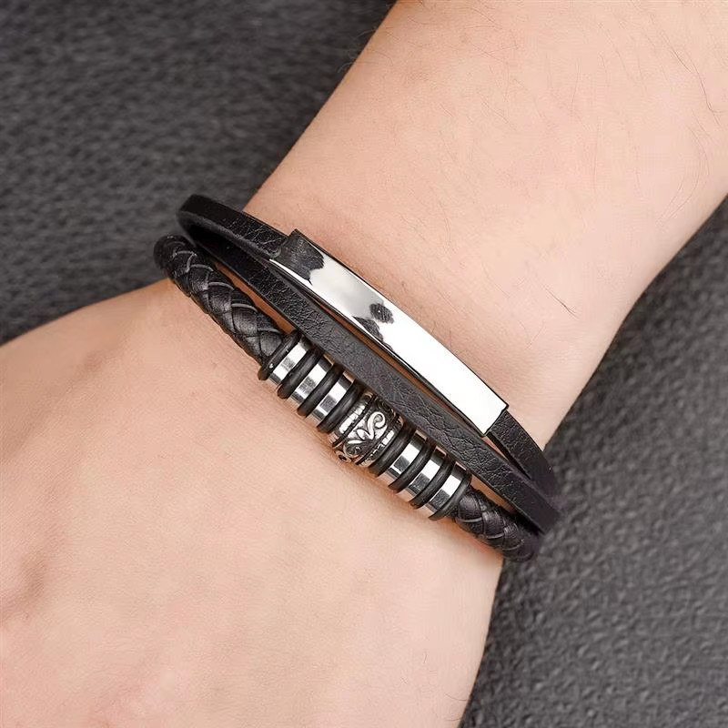 18cm 20cm 22cm Trendy Leather Stainless Steel Multilayer Braided Gift Men’s Wear