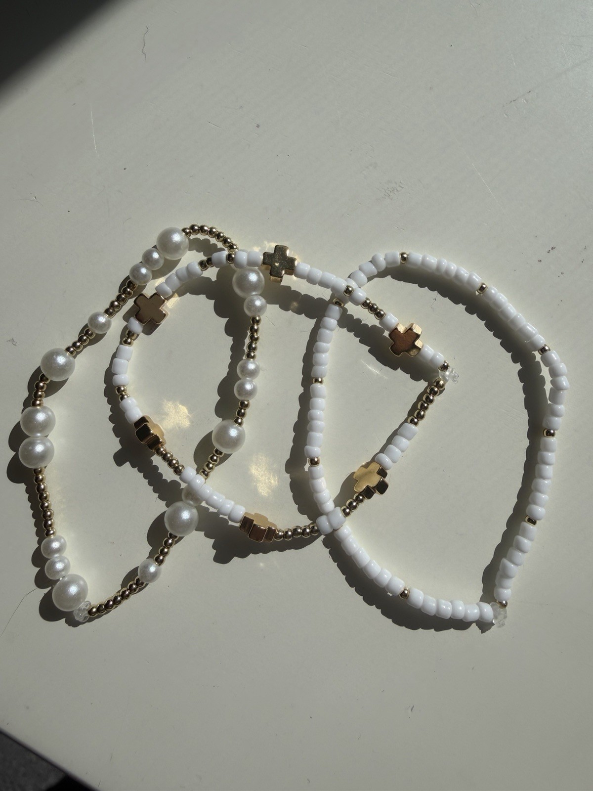 Set of 3 White Round Faux Pearl Beaded Bracelets w/ Gold-Tone Star Accents