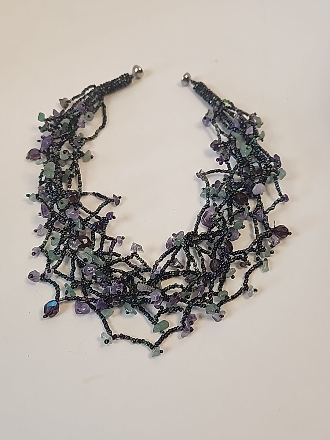 Multi-strand Semi-precious Stone Chips & Glass Seed Bead Statement Necklace 19″