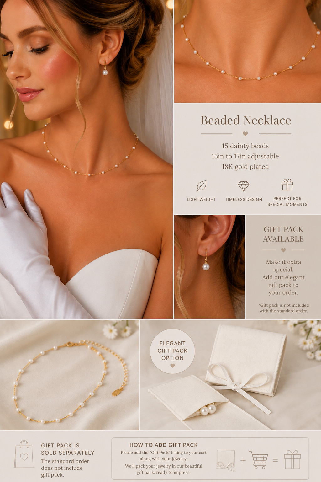 Pearl Beaded Necklace – Minimalist Bridal Jewelry, Adjustable 15in–17in Necklace
