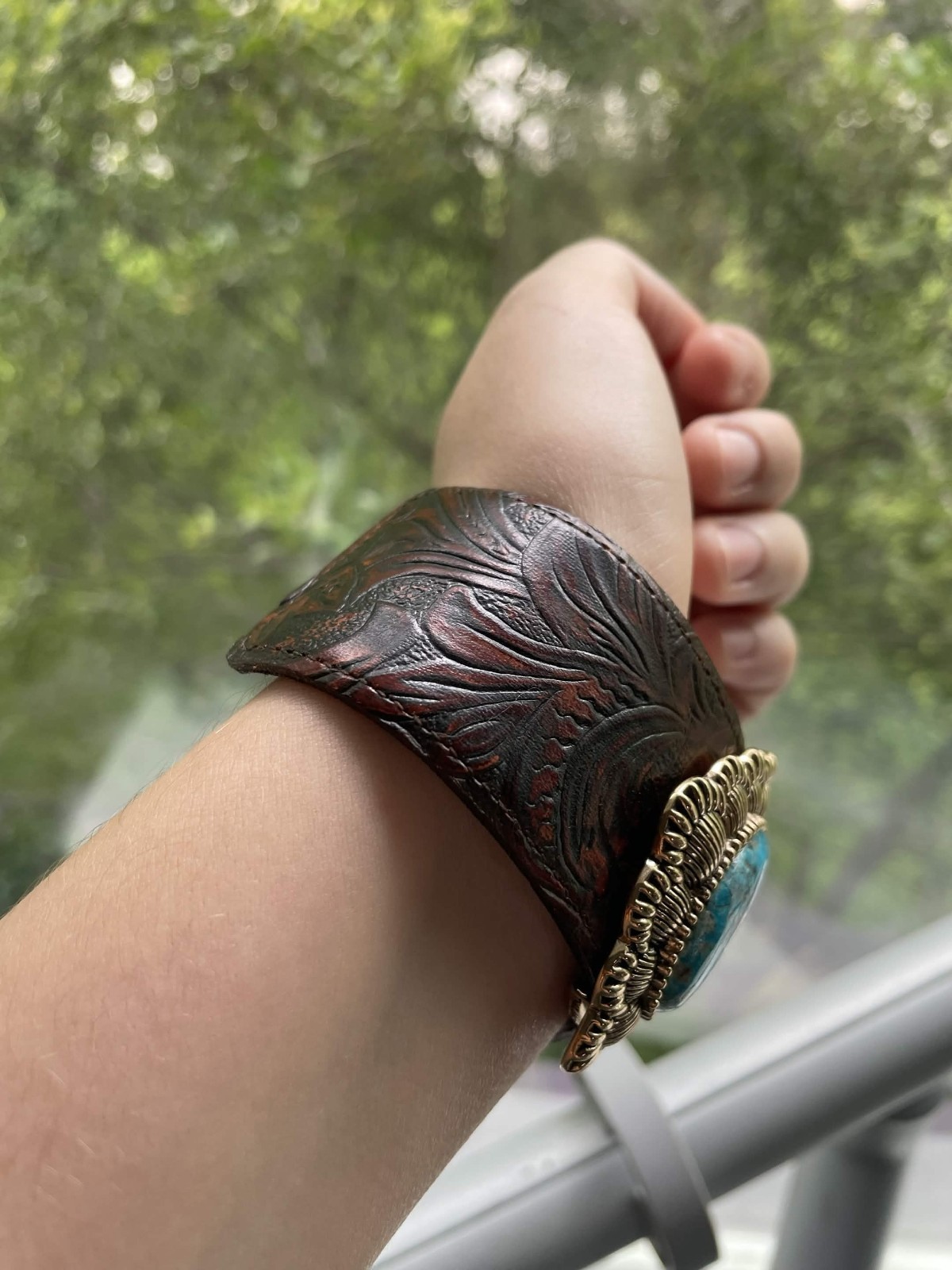 Barse Thailand, turquoise leather womens bracelet vintage gold tone