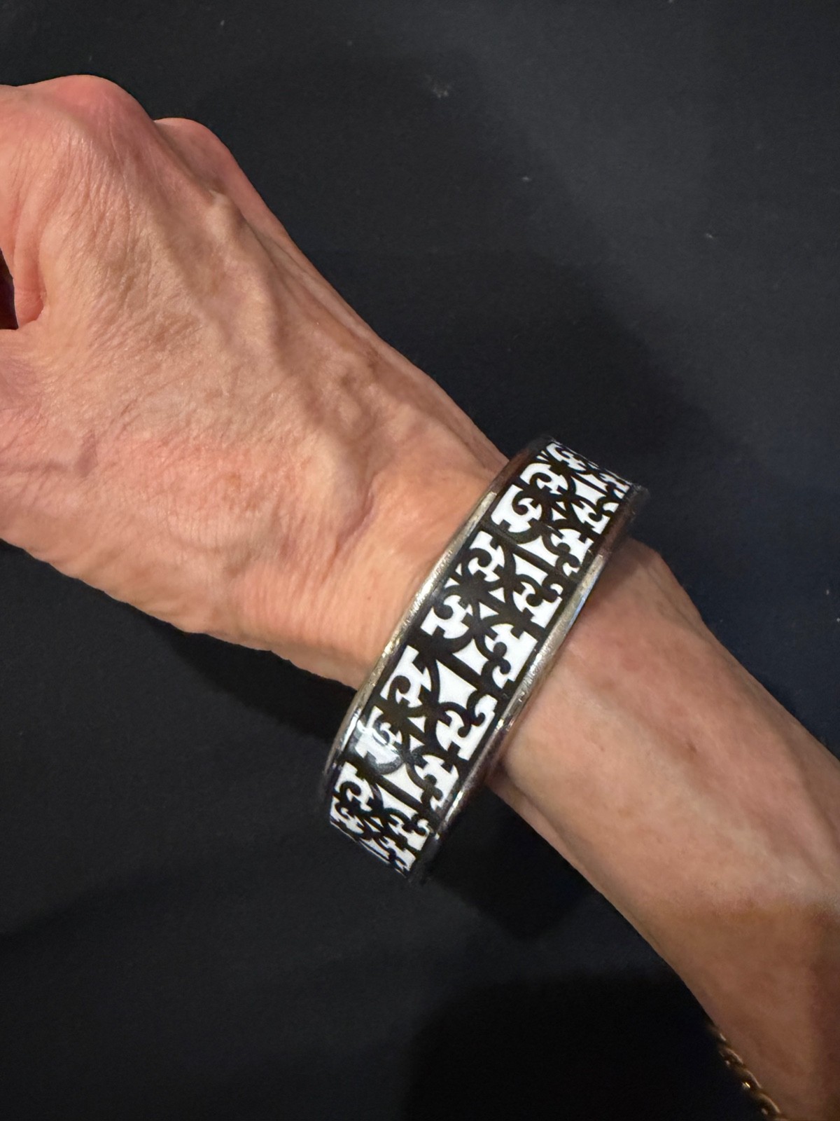 Hermes Bangle Bracelet Black & White Enamel Guadalquivir Silver Rim