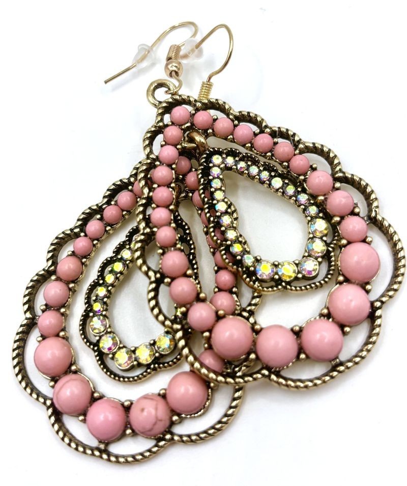 Elegant Pink Turquoise Iridescent Rhinestones Scalloped Double Teardrop Earrings
