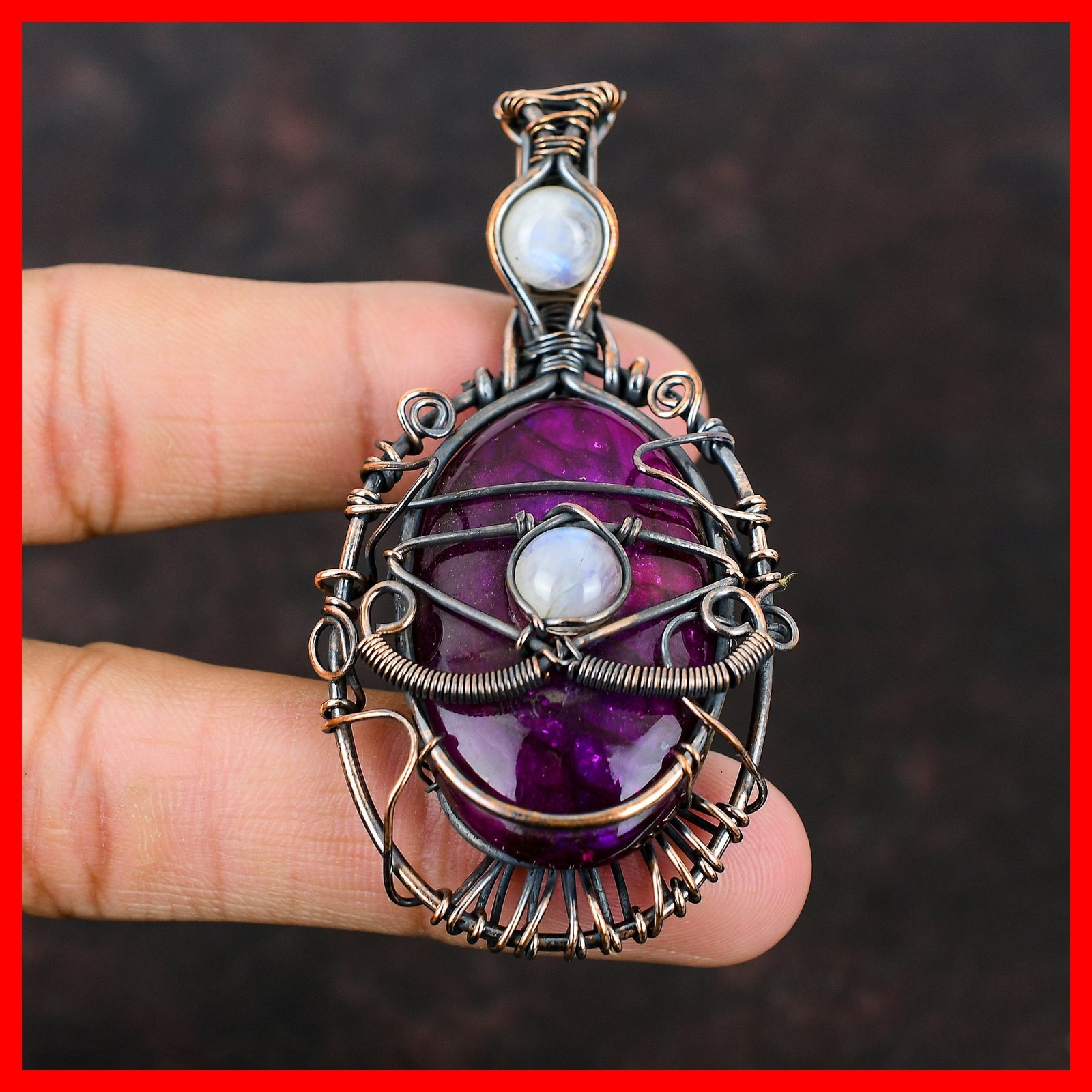 Natural Pink Fire Labradorite Rainbow Moonstone Art Deco Pendant Jewelry Copper