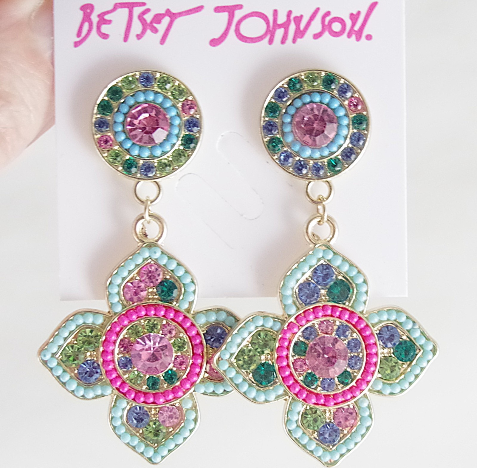 BETSEY JOHNSON BOHEMIAN/ BOHO FLOWER MEDALLION RHINESTONE BEAD DANGLE EARRINGS