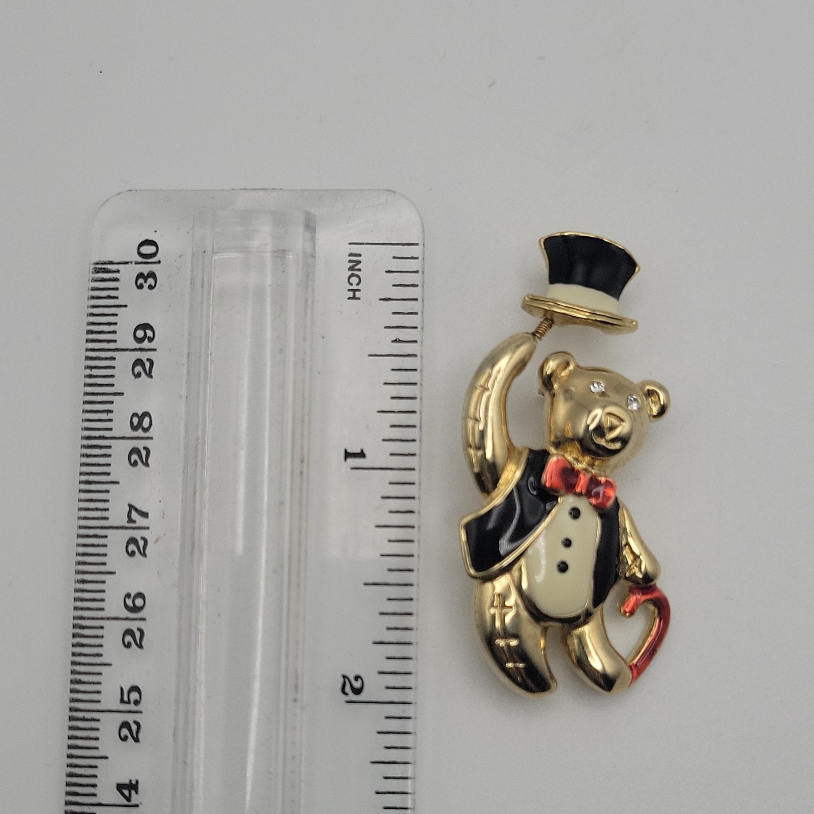 Gold Tone Enamel Teddy Bear Brooch Pin Top Hat Clear Crystal Eyes 2in