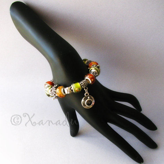 Tea Time European Charm Bracelet – Brown Green Lampwork Glass Bead w Tea Charms