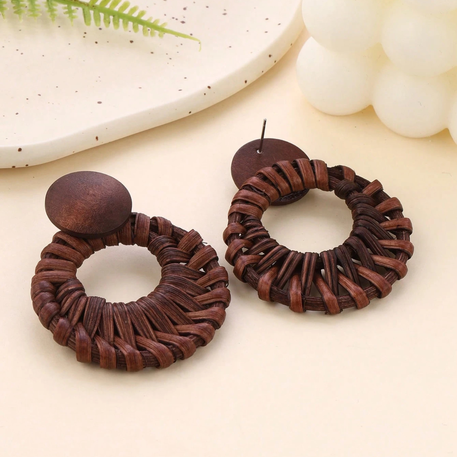 Handmade Earrings Woven Rattan Hollow Circle & Natural Wood Design Ear Studs