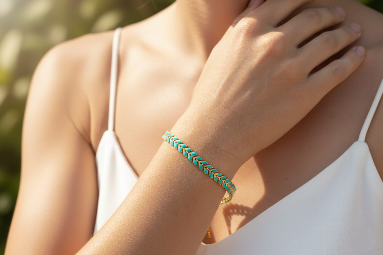 Delicate Leaf Beaded Bracelet Gold Plated Turquoise Chain Handmade Boho Jewelry